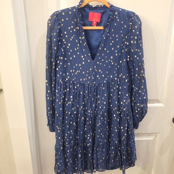 LILLY PULITZER Sarita Silk Swing Dress Navy Gold Dots Sz 6 Preppy Party‎ - Picture 2 of 9